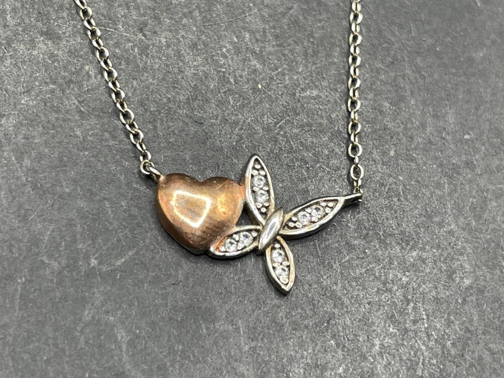 LA CN Sterling Silver 925 Heart & Butterfly Pendant Chain Link Necklace 17.5"